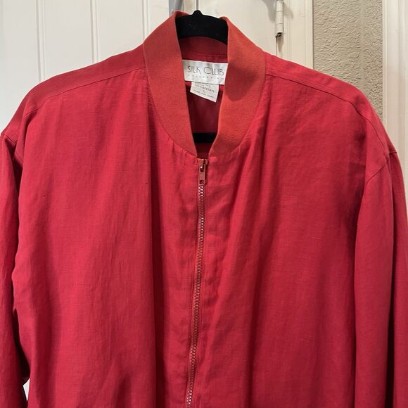 Silk Club Vintage Women’s 100% Linen Bomber Jacket Size L Zip Up Red - Picture 2 of 11